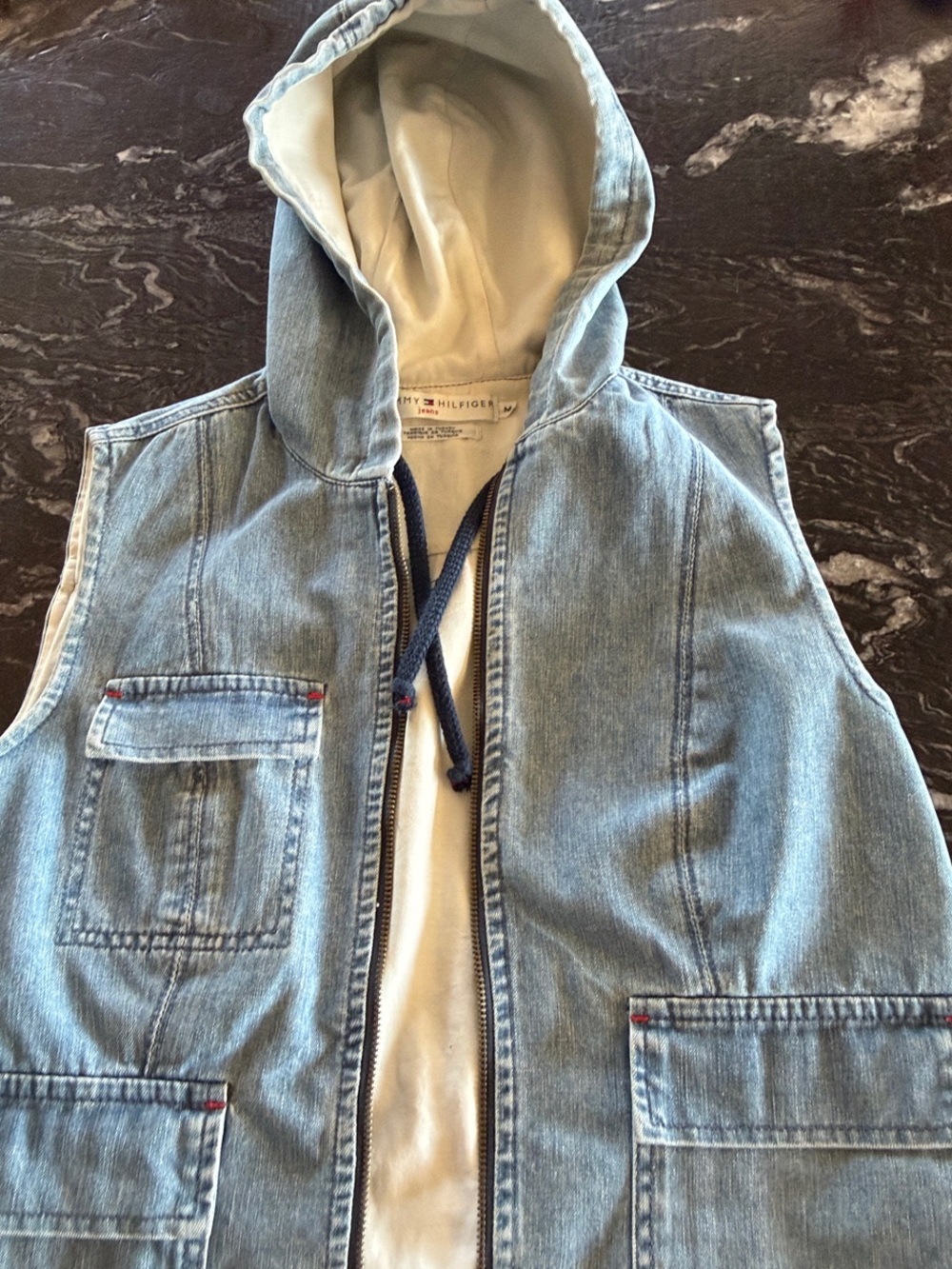 Tommy Hilfiger Light Blue Denim Hooded Vest with Cream Lining